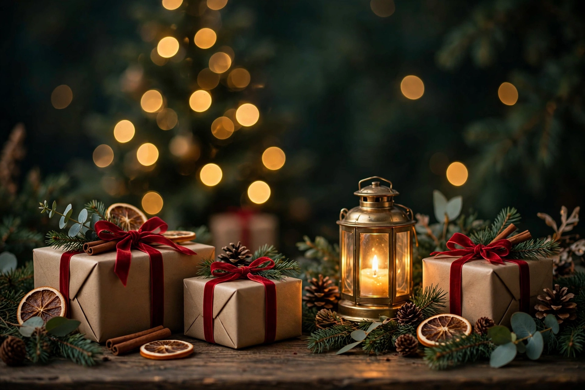 Beautifully wrapped Christmas gifts beside a glowing tree